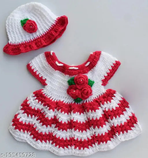 Handmade baby sweater frock-Red, short sleeved solid design for infants aged 0-24 months. Indian origin