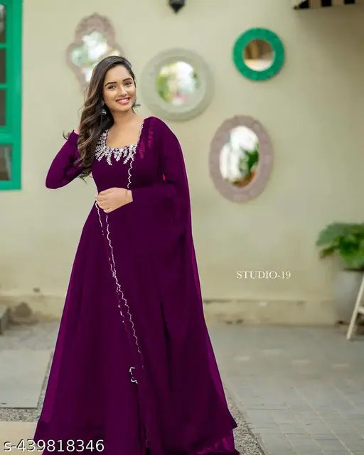 Purple Georgette embroidered anarkali gown with dupatta, Indian craftsmanship in vibrant purple hues and intricate floral motifs