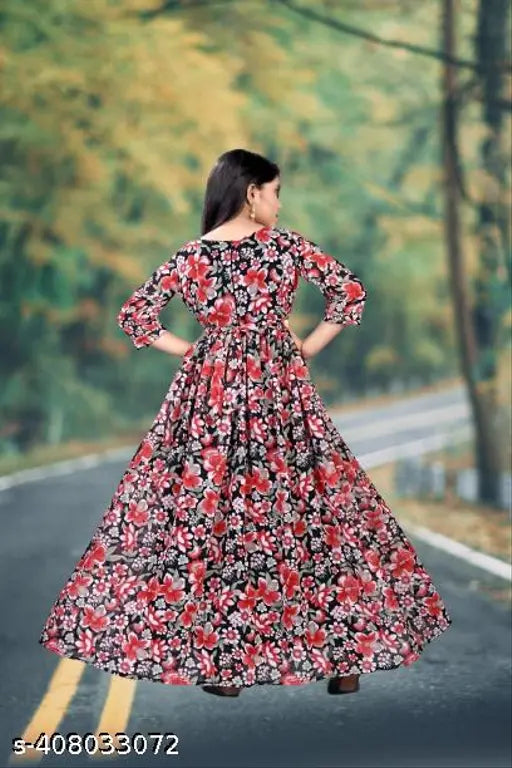 Girls' georgette formal wear, printed net, short sleeve chiffon tunic dress for kids ages 9-16 years