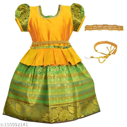 Homely Girls Traditional Cotton Silk Zari Stitch Pattu Langa Pattu Pavadai Lehenga Choli Parkar Polka South Indian Dress for Kids - 6-12 Months, country of origin: India