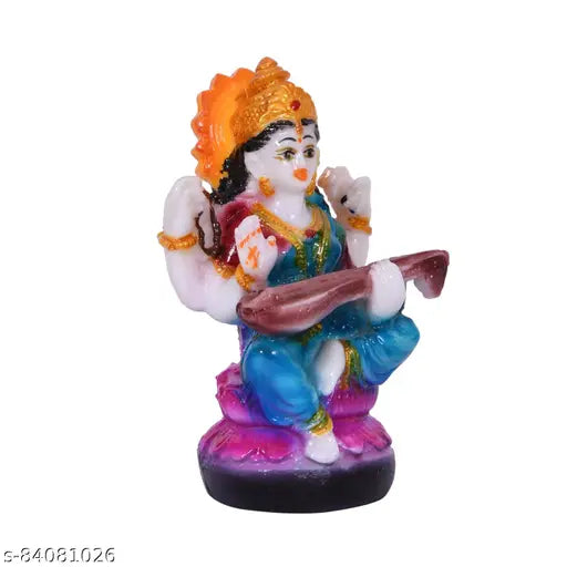 Blue and gold marble statue of Maa Saraswati playing a stringed instrument, handicraft figurine for study devi, spiritual showpiece, 11cm height
