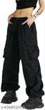 Black cotton four-pocket cargo pants with adjustable drawstring waistband