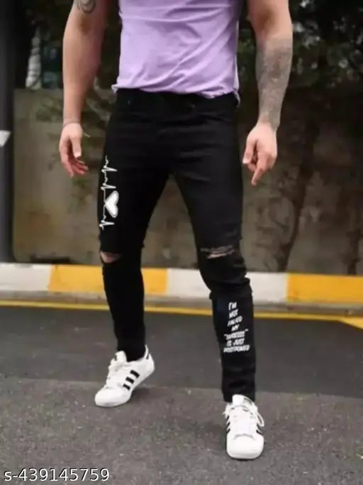 Purple denim distressed skinny jeans with black brand labeling and visible stitch details