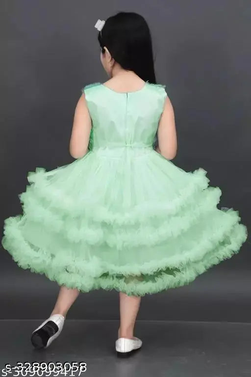 Girls net sleeveless round neck below knee length fit and flare dress-frock, single size available in various ages from 1-2 to 10-11 years