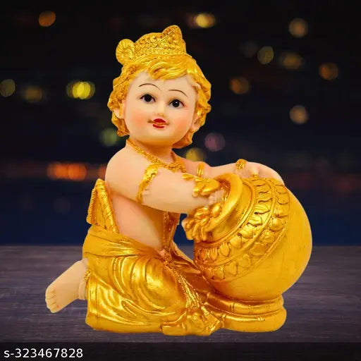 Handcrafted golden Krishna statue (L 11 x H 14 cm), Indian resin art piece for home or office decor