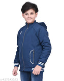 Navy blue hooded jacket with white stripe trim, zip closure