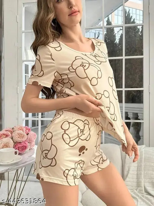 Tiedye polyester night suit set for women, half sleeve nights dress with short sleeves. Soft, satin-finished bedroom nightwear in attractive colors and patterns. Perfectly fitting and comfortable to wear, great for casual occasions or as a gift. Made in India