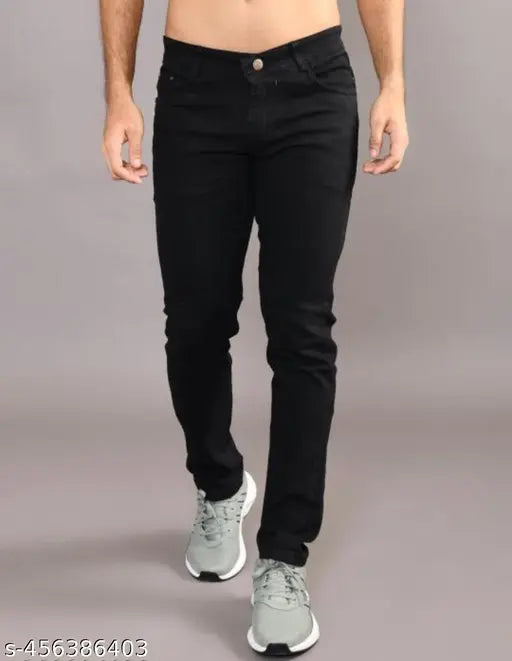 Stylish men's black denim jeans - versatile wardrobe staple with solid pattern, durable and suitable for various occasions