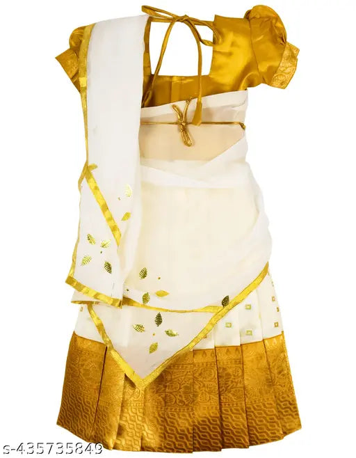 Girls Kids Kerala Onam Lehenga Choli Set in Art Silk, Georgette Duppata Shawl with gold zari work, embellished white and golden attire for festive occasions