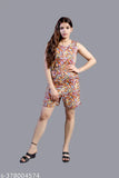 Women's poly crepe sleeveless printed jumpsuit, self-design net pattern in XS, S, M, L, XL, XXL, XXXL sizes. Indian-made fashion jumpsuit on model