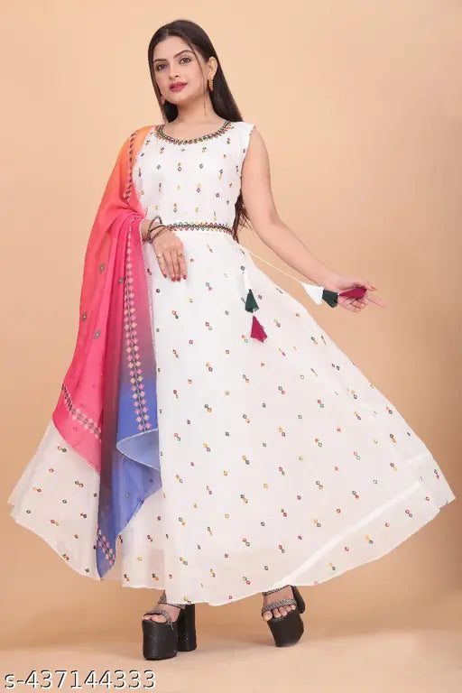 Women's Chanderi cotton straight printed gown & dupatta, high-quality breathable Georgette fabric for college-office life balance, available in multiple sizes for a versatile, transitioning outfit style. Made in India