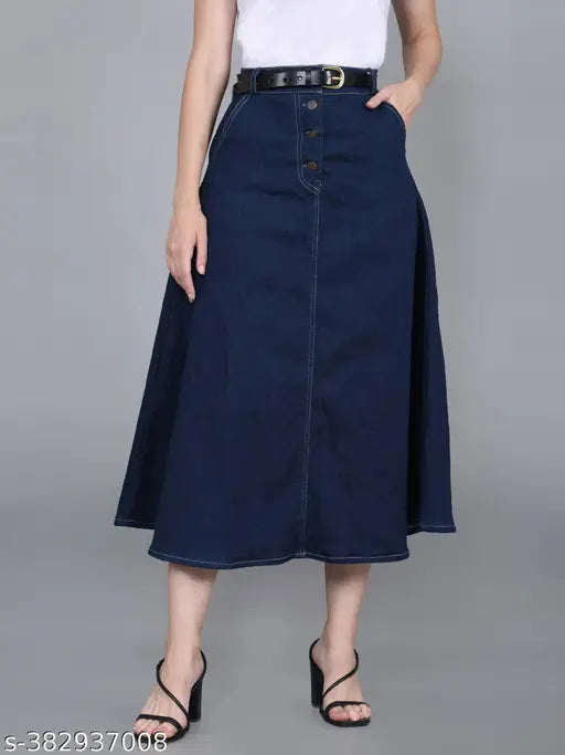 Denim blue stretchable skirt with front pockets, all-season Western style - Mid length, perfect for diverse body types, made in India