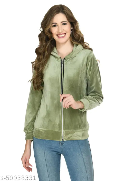 Olive velvet, solid full-sleeve casual jacket for women on hanger