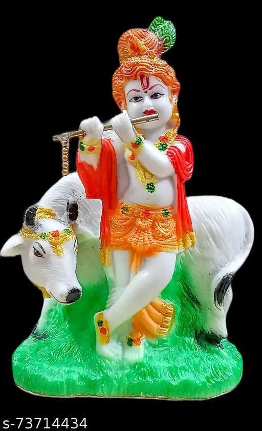 Medium-large size, unbreakable PVC Poly Resin Krishna Murti with cow playing flute, 13cm x 21cm x 7cm