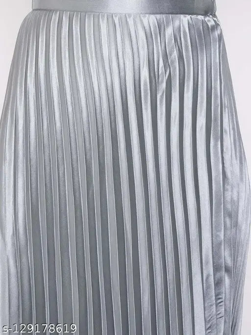 Satin pleated midi skirt, western style, stretchy and flared, travel-friendly fabric for women, full length, elastic waistband