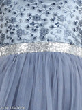 Fuchsia & grey printed full-length party dress for kids (1-10 years), embellished net and sequins, hand wash recommended for parties, festivals, weddings or ceremonies