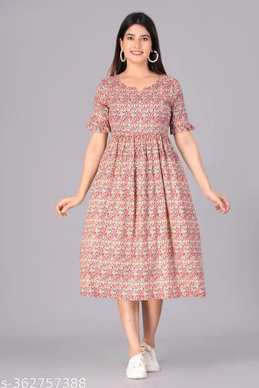 Women's cotton printed fit-flare kurta, three-quarter sleeve, Indian pure cotton dress on hanger
