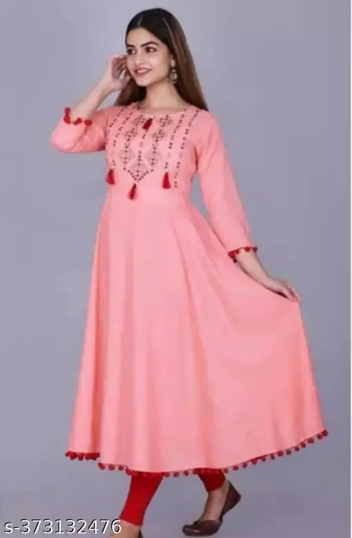 Peach embroidered womens formal anarkali kameez, full-length tunic with flared sleeves and puffed cuffs