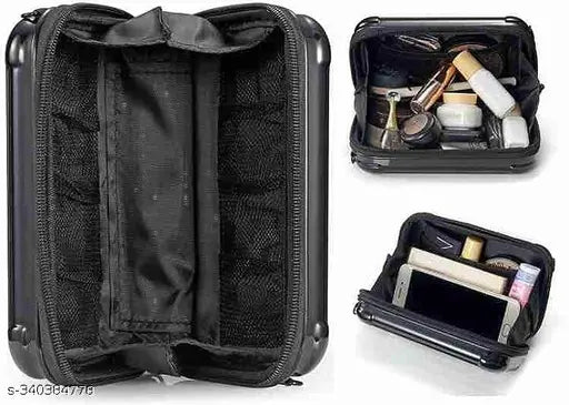 Slender crossbody sling box bag, black fabric with multiple card slots, convertible mini suitcase, ideal for cosmetics