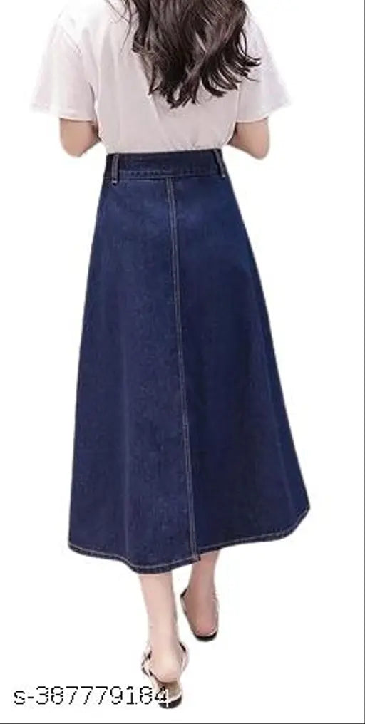 Navy Blue Ten-Buttoned Denim A-Line Maxi Skirt for Women - Lightweight & Breathable, Home Washable, Trendy & Fit for All Body Types