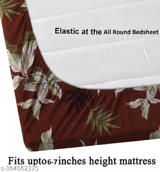 Elastic fitted double bed sheets in cotton botanical print, includes 2 pillow covers for adult use, ideal for summer seasons