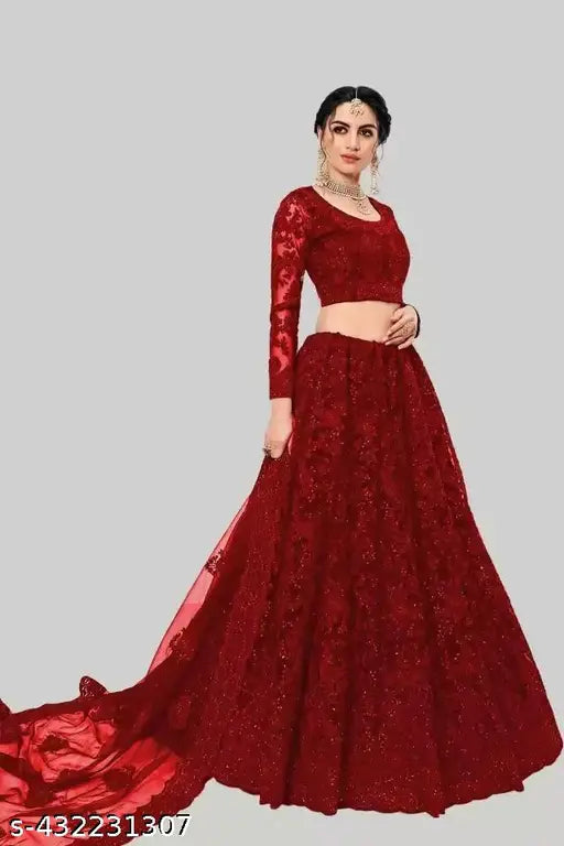 Red embroidered net wedding lehenga choli and dupatta, semi-stitched from India" (89 characters)