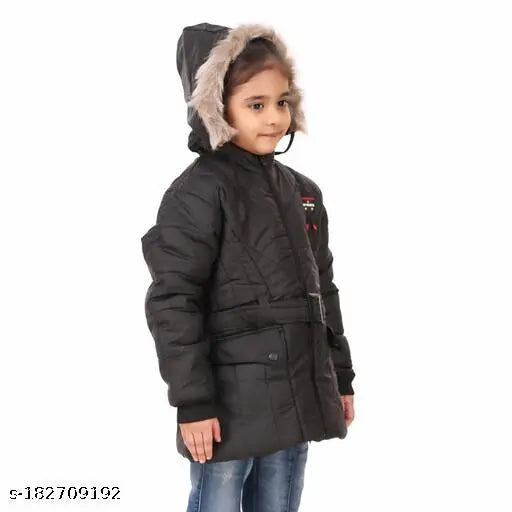 Black polyester printed net hooded jacket for girls winter wear, trendy and stylish 7Evenwear jacket coat on display