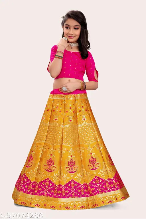 Bamboo dupatta, acrylic lehenga for kids, short-sleeved zari woven semi-stitched jacquard lehenga choli - Indian children's fashion