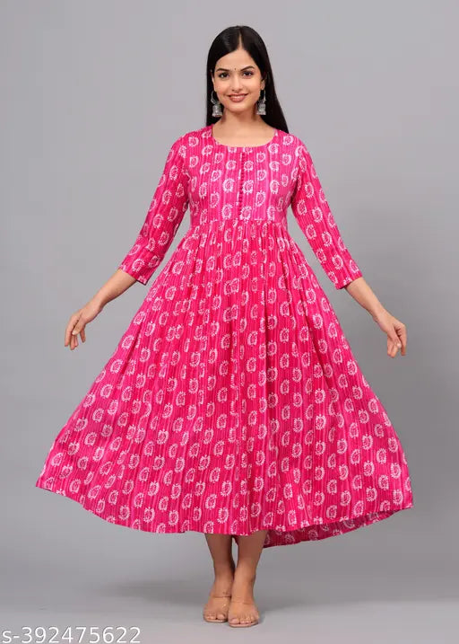 Beautiful full-length rayon print kameez with long sleeves and an A-line skirt