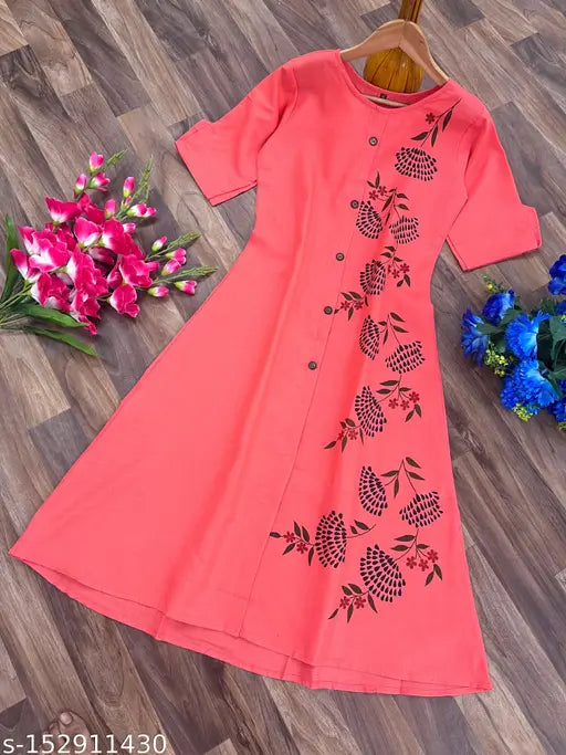 Designer slub cotton half-sleeve Anarkali kurti, printed combo in vibrant Indian festive pattern. Ideal for women's & girls' casual and office wear. Made in India