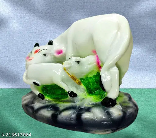Ceramic Kamadhenu cow figurine, three cows in urns