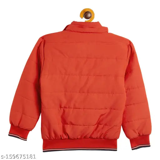 Red puffy kids jacket with contrasting stripes, hooded