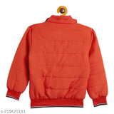 Red puffy kids jacket with contrasting stripes, hooded