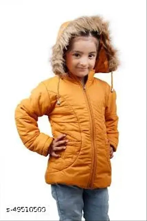 Solid nylon puffer jacket by JayKon, mock collar with hoodie cap, 2 pockets, zip closure, long sleeves, fur lining. Available in sizes for 4-5 years and 8-9 years. Made in India