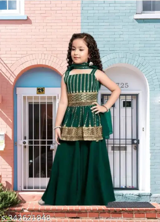 Embellished crepe kurta suit set for girls, sleeveless and dupatta in India