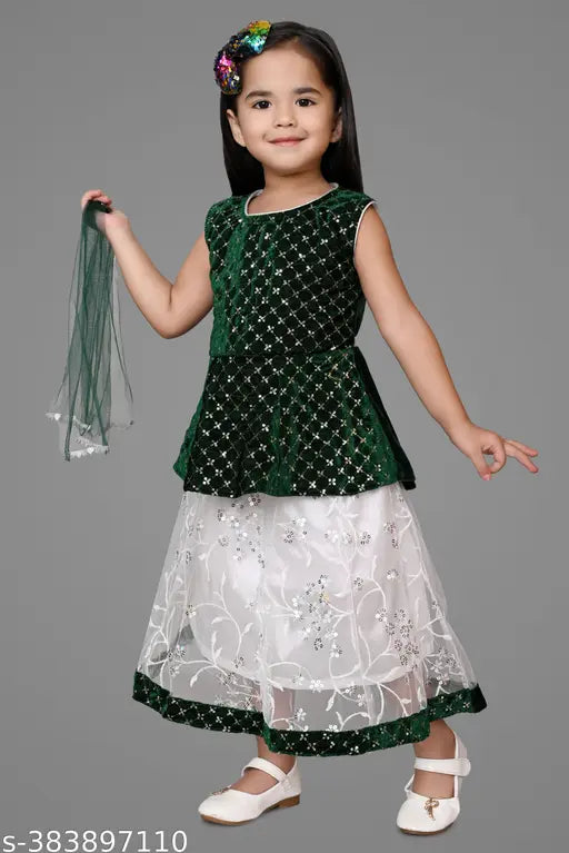 Embellished velvet-net baby lehenga choli set, traditionally Indian 3-piece garment including lehenga, choli, dupatta for 2-10 years (Sleeve Length: Sleeveless)