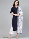 Navy blue and white rayon kurta set with palazzo and pure cotton dupatta, featuring V-neck, short sleeves, side slits on the kurta, elastic waistband and pocket on the palazzo, and tessel print on the dupatta. Single size available