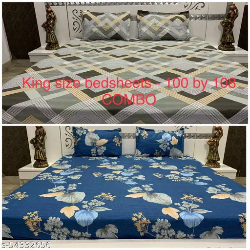 RevaTex superfine cotton silk king size bedsheet combo, 2 KING SIZES (100"x108"), with 4 pillow covers (18"x28", 2" border extra), ideal for summer adult use