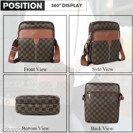 Synthetic leather casual classy utility travel office business crossbody shoulder bag with adjustable strap, multiple pockets and compartments, for men. Brown trim