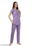Purple hosiery cotton printed half-sleeve T-shirt and pajama pants nightsuit set for ladies, featuring short sleeves and printed pattern
