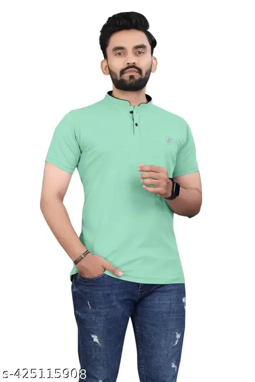 Modal Chinese collar T-shirt, solid color, short sleeves, stretchable fabric, India origin