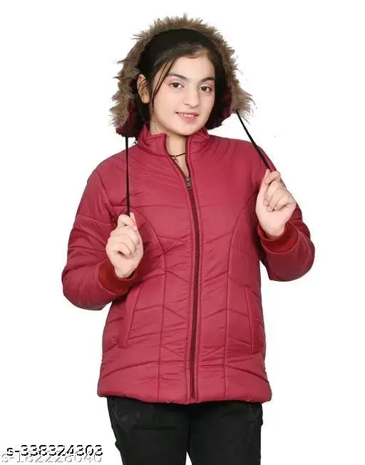 Maroon winter coat with fur-lined hood, zipper front