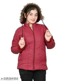 Maroon winter coat with fur-lined hood, zipper front