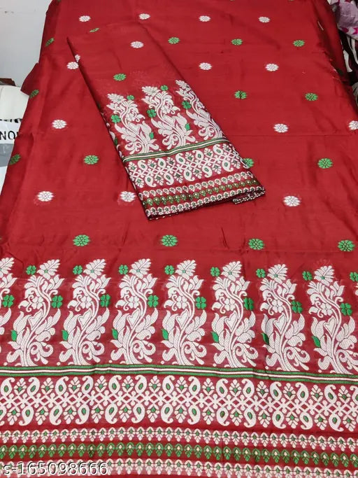 Red cotton mekhela chadur with green border detail
