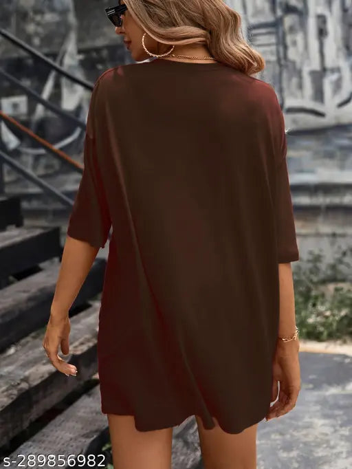 Brown oversized T-shirt with loose fit and down shoulder style, women's fashion casual wear