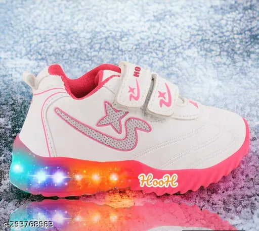 Light pink cellulose and rubber shoes for girls (Ladkiyo ke jute), stylish design with LED light, breathable cotton blend material, adjustable hook and loop closure, ideal for night outings, unisex casual, perfect fit for 0-7 years old