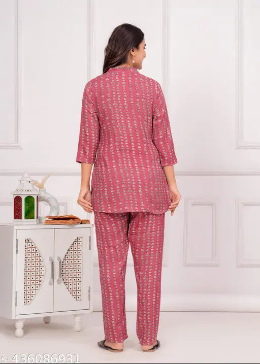 Women's printed rayon night suit set, three-quarter sleeves, pyjama style on hanger