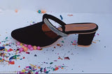 Velvet Bantu design block heel sandals with diamond embellishments - luxury women's footwear on display stand (India)