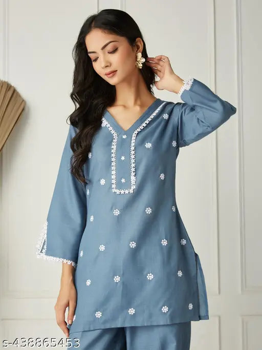 J Turritopsis Women's Poly Cotton Lace CoOrd Set - V-neck top with lace detailing, 3/4 sleeves, coordinating bottoms, soft and breathable