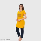 Summer print polycotton night suit set for women, half-sleeved top with round neck and graphics, pyjama with pocket and elastic waistband